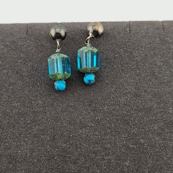 Blue Beaded Stud Drop Earrings Aqua Turquoise Style Artsy Fairycore Mermaidcore - Picture 1 of 3